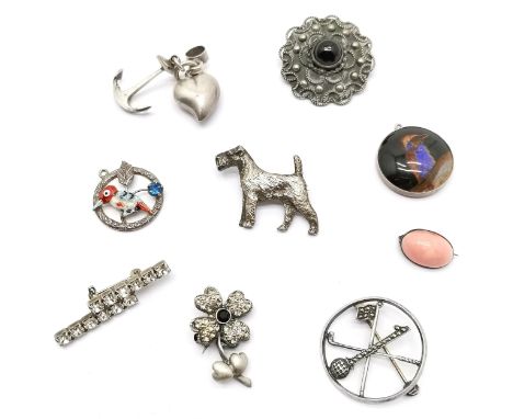 5 x silver brooches / pendants inc kingfisher (butterfly wings), marcasite hole in one golf, enamel bird, dog (2.5cm) - total