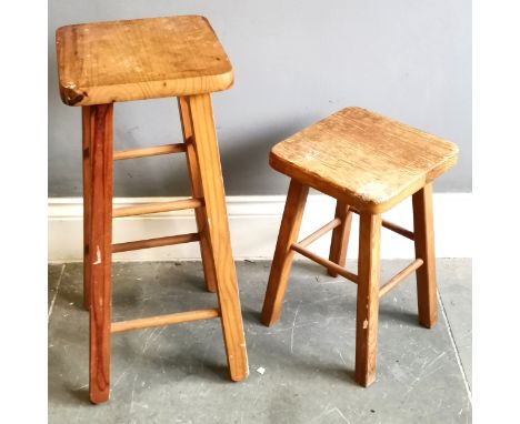 Vintage pine stool 68cm high x 32cm at widest point, t/w similar but smaller 46cm high x 30cm at widest point, both in used c