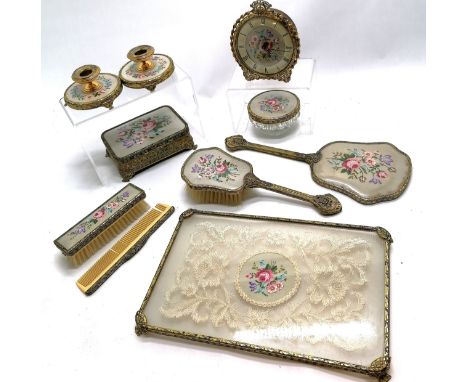 Vintage English dressing table set with embroidery / lace detail on a 32cm x 21cm tray - comb &amp; clock a/f 