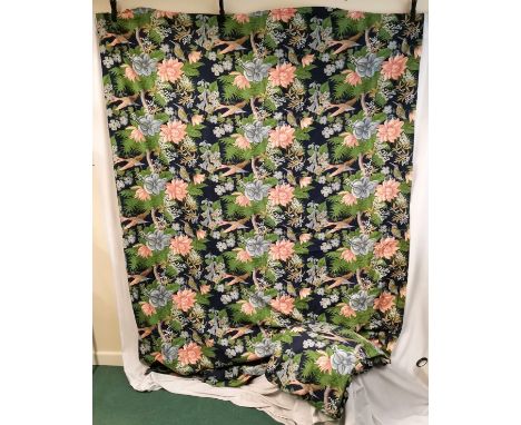 Pair of vintage curtains, blue ground with botanical birds and foliage, each curtain 185cm wide x 250cm length. Slight waterm