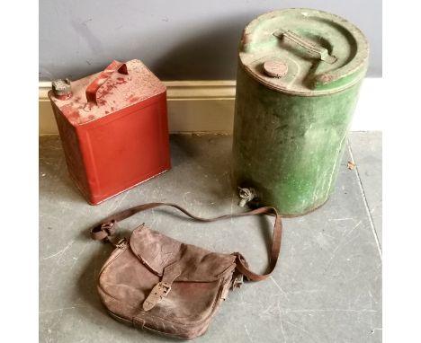 Vintage Red painted Shell petrol can, 25cm wide x 15cm deep x 33cm high, t/w Vintage green painted paraffin can and a vintage