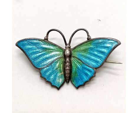 Charles Horner sterling silver marked butterfly brooch with blue &amp; green enamel - 3.2cm across &amp; 3g total weight ~ ha