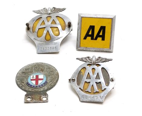 4 x vintage car badges (3 x AA &amp; City of London with St Christopher detail - 9.5cm diameter) 