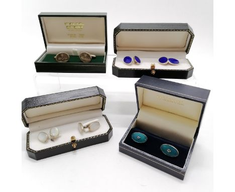 4 pairs of silver boxed cufflinks ~ Year 2000 (15g), lapis, mother of pearl, enamel 