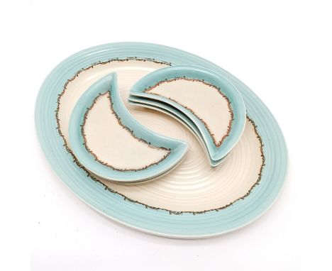 Clarice Cliff unusual serving platter (46cm x 35.5cm) with 6 x crescent shaped hors d'oeuvres dishes ~ slight marks to paint 