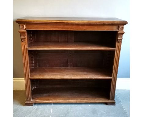 Vintage mahogany bookcase fitted with 2 adjustable shelves, with reeded column decoration, 118cm wide x 37cm deep x 108cm hig