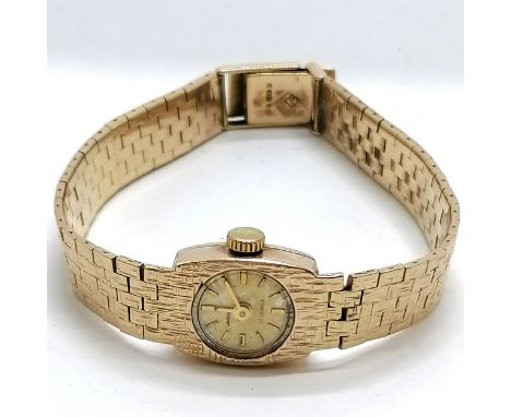 Vintage bark effect 9ct gold manual wind ladies wristwatch on integral bracelet - 18cm long &amp; 23.7g total weight ~ deteri