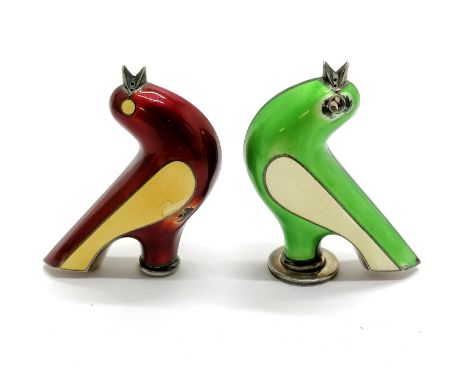 Scandinavian vintage pair of silver enamel bird peppers - 6cm high &amp; total weight 70g ~ 1 lacks stopper base &amp; both h