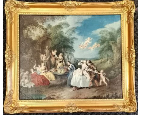 Gilt framed print of a Classical garden scene with cherubs, good overall condition, 75cm wide x 65cm high. 