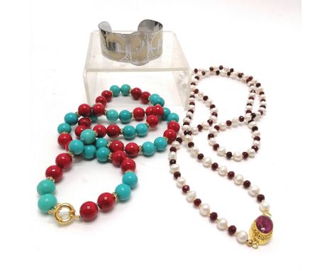 Red stone / pearl 96cm necklace, Deco style bangle &amp; turquoise / red bead necklace 