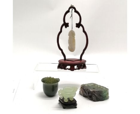 Hardstone carved jade phallus suspended on a stand - 19cm high t/w antique jade cup (a/f) etc