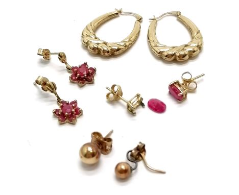 3 pairs of 9ct gold earrings (2 set with ruby - 1 pair a/f) t/w 2 odd earrings ~ total weight 3.9g - SOLD ON BEHALF OF THE NE
