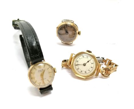 3 x gold cased manual wind wristwatches - 1 x 18ct gold (with plated strap) &amp; 2 x 9ct gold - all for spares / repairs ~ t