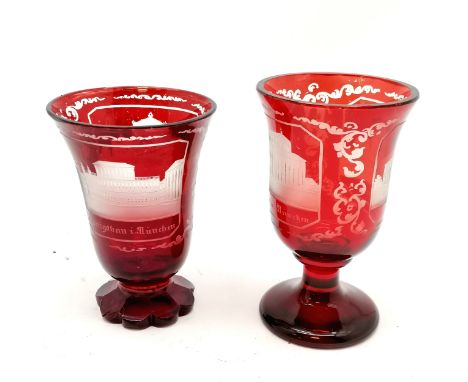 2 x antique ruby glass goblets with acid etched buildings pictured - tallest 13cm ~ both have frittering to rims and shortest