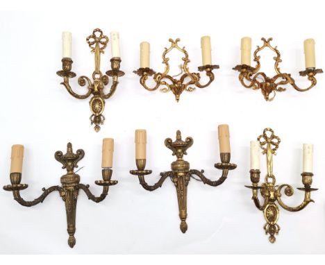 3 x pairs of vintage brass wall lights in classical styles - longest (with bow detail) 33cm high 