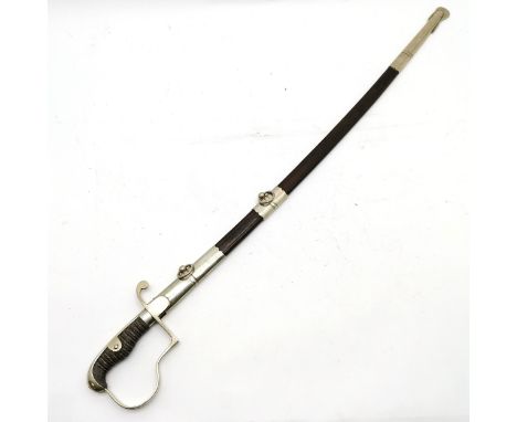 Antique sword with nickel handle with etched blade in original nickel mounted leather scabbard - 93cm long 