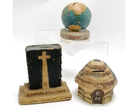 3 x Church missionary papier-mâché money / collection boxes - a wayside stone bible (15.5cm high), globe &amp; ethnic hut