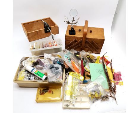 Qty of fly fishing tools / feathers / hooks etc inc 2 instruction booklets, fold-out wooden carry box (33cm x 16cm x 26cm tot