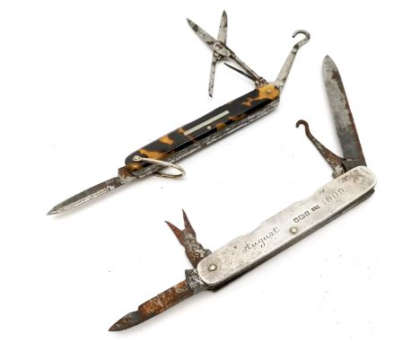 Steer &amp; Webster tortoiseshell panelled penknife (scissors / blade / button hook) - 15cm opened t/w 1909 dedicated silver 