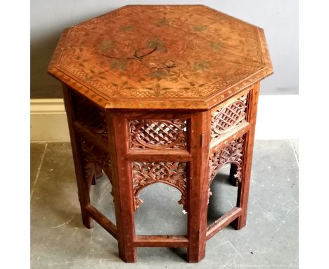 Vintage Indian teak collapsible table with brass inlay and carved fretwork decoration, 57cm diameter x 57cm high, few areas o