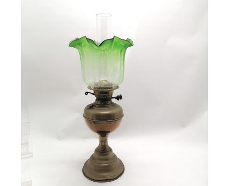 Antique brass oil lamp with twin burner &amp; acid etched green shade - 56cm total height ~ slight dents to base but no obvio