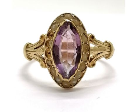 Antique continental marked 18ct marked gold ring set with amethyst &amp; pearls (a/f) - size P &amp; 3.2g total weight - SOLD