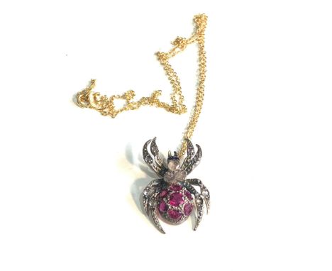 Fine rose diamond &amp; ruby spider pendant on 18ct gold chain pendant gold back silver front measures approx 2.5cm by 1.5cm 