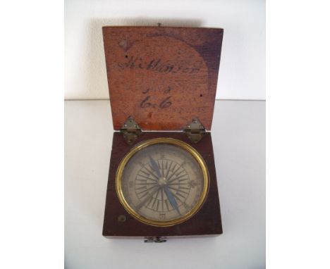 Early 19th C mahogany cased pocket compass with blue steel pointers (6.5cm x 6.5cm x 2cm)