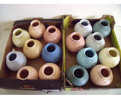 Two boxes containing 16 various assorted coloured Poole Pottery vases 