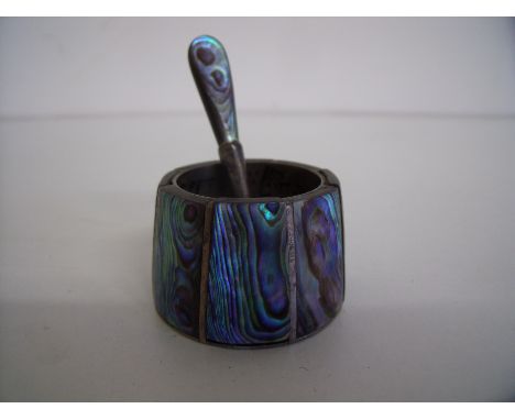 Continental silver and Mother of Pearl salt with associated spoon with set panels of coloured Mother of Pearl 