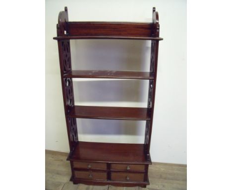 Mahogany four tier open shelf unit with four drawers to the base with tooled leather fronts (50cm x 20cm x 111cm)