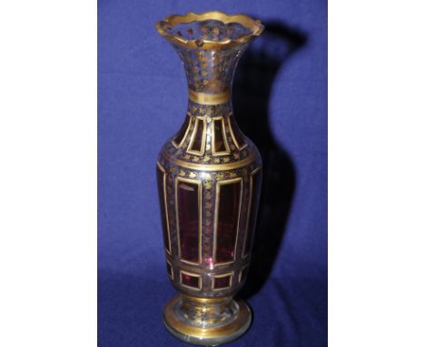 Venetian style 19th/20th C glass vase with red ruby glass panels and gilt work detailing with flared rim (2 chips) (36cm high
