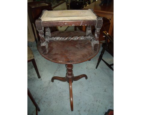 Early 19th C circular top tripod table and a oak stool on barley twist supports (2)