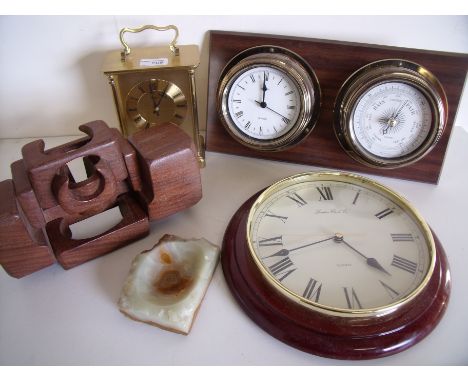 Modern wall mounted clock and barometer, a London Clock Co mahogany cased wall clock, onyx ashtray, carved wood sculpture and