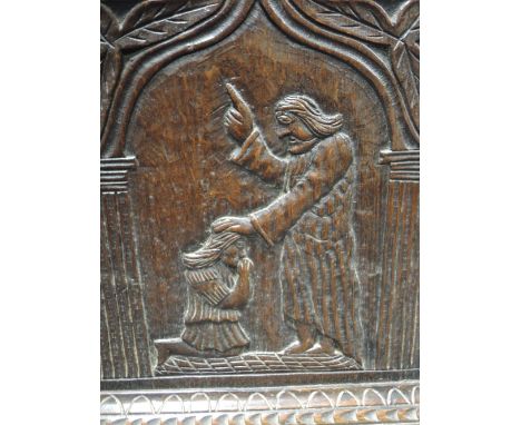 An 18th century oak longcase clock having blind fret and pagoda and pillar hood containing square brass face and 30 hour move
