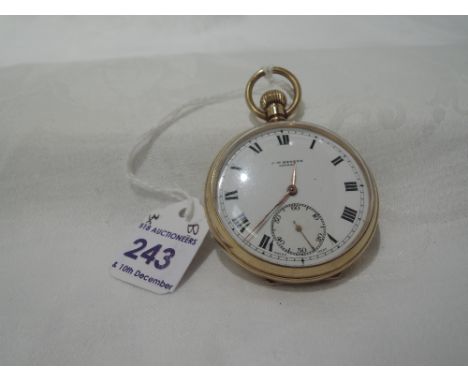 A 9ct gold top wound pocket watch by J W Benson, London having a Roman numeral dial with subsidiary seconds to white enamel f