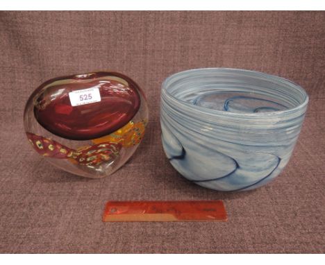 A modern Orrefors style art glass bowl having blue strictions and swirls and a modern art glass vase of stylised heart bubble