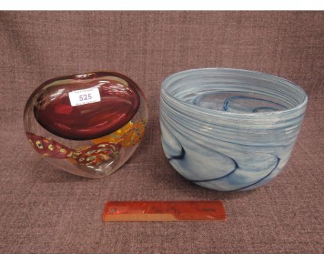 A modern Orrefors style art glass bowl having blue strictions and swirls and a modern art glass vase of stylised heart bubble