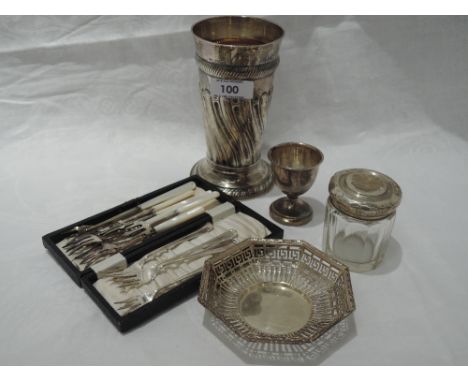 A small selection of HM silver including pickle forks having mother of pearl handles, egg cup, trinket dish, Victorian silver