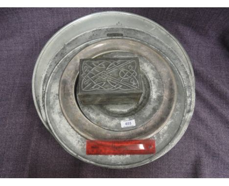 Three 18th century pewter charges stamped W.T.A. &amp; L.T.A. One with indistinct touchmarks and three smaller pewter charges