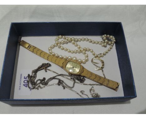 A small selection of jewellery including Montine gold plated wrist watch, string of cultured pearls (AF), white metal cross a