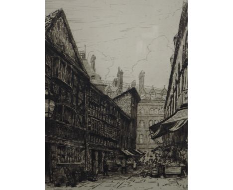 An etching after Leonard Brewer, The Shambles, Manchester, signed and dated 1911, 13in x 11in