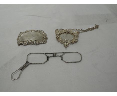 Two HM silver decanter labels for Gin &amp; Whisky and a white metal lorgnette