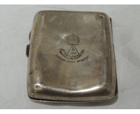 An Edwardian silver cigarette case bearing Durham Light Infantry coat of arms to reverse and monogrammed AB to front, Birming