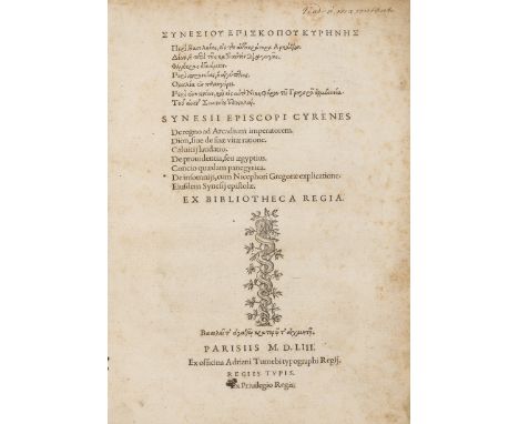 Synesius (Bishop of Ptolemais) De regno ad Arcadium imperatorum..., collation: *2, A-K6, L8, a-h6, i4, text in Greek, engrave