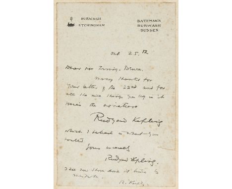 Kipling (Rudyard) Puck of Pook's Hill, first edition Autograph Letter signed (three times) from the author to pastedown, illu