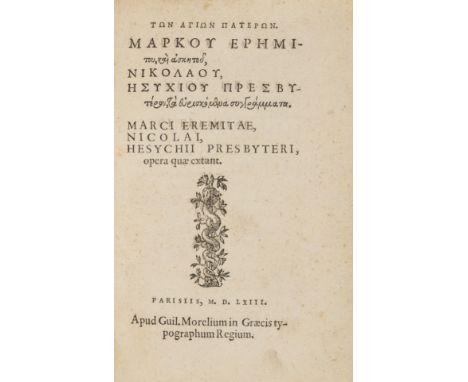 Marcus Eremita. Marci Eremitae, Nicolai, Herychius Presbyteri, Opera quae extant, collation: *2, A-Z8, 2A8, text in Greek, wo