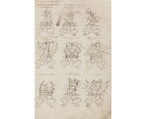 [Crests & Blazons], manuscript in Secretary hand, 91pp. including index, 378 pen and ink drawings of crests on 42pp., text ni