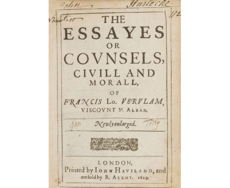 Bacon (Sir Francis) The Essayes or Counsels, Civill and Morall, second edition, woodcut head-pieces and decorative initials, 