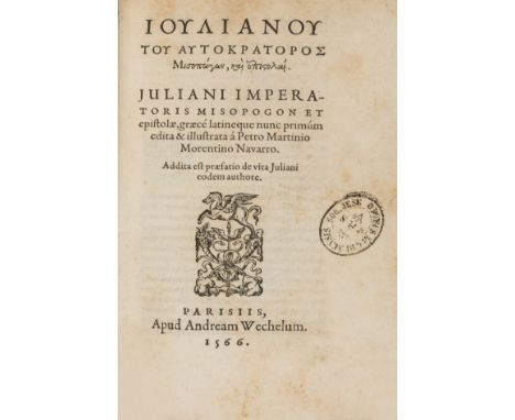 Julian (Emperor) Misopogon et epistolae, edited by Pedro Martinez, collation: A-V8, †2, first edition, text in Greek an Latin